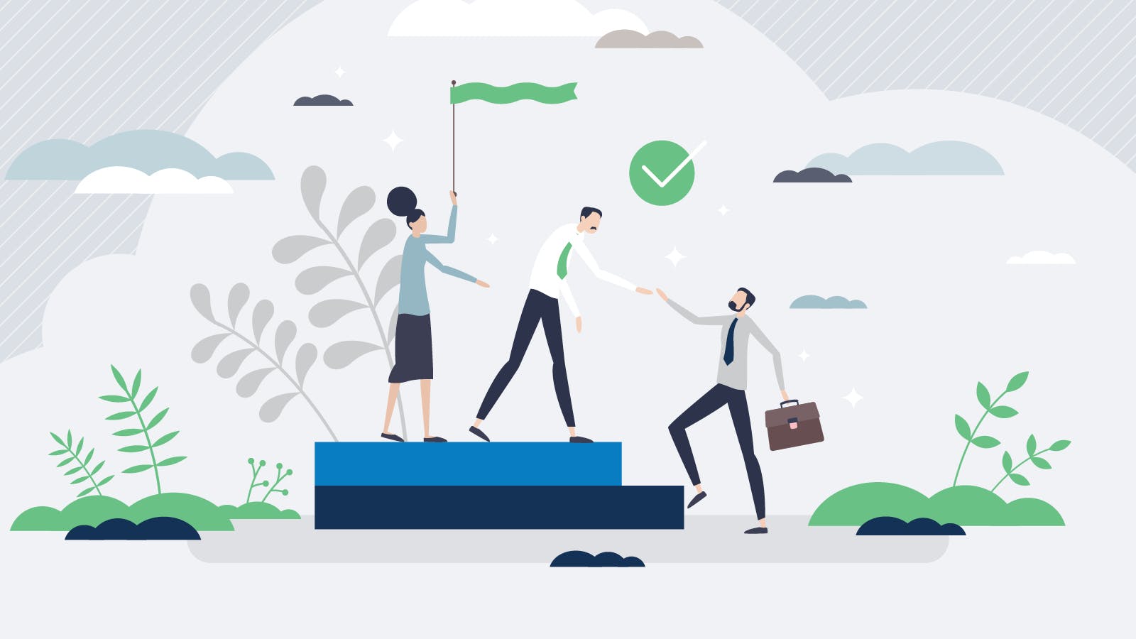 An illustration of people learning how to "grow your brokerage business". One person is helping another onto a platform.