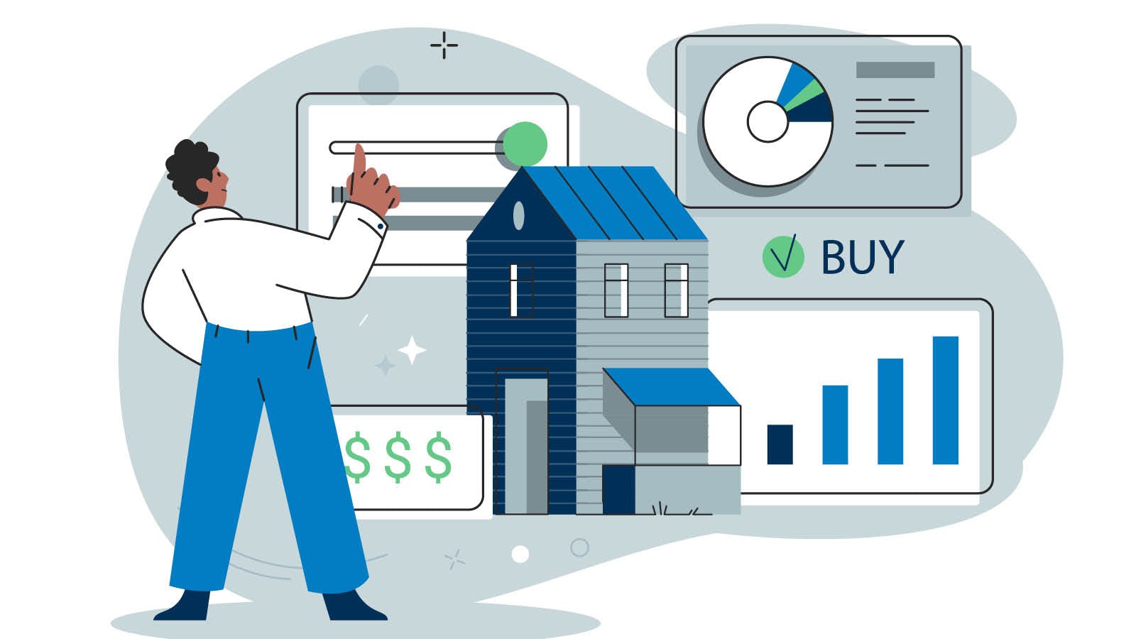 Illustration of a middle class homebuyer looking at stats and a home
