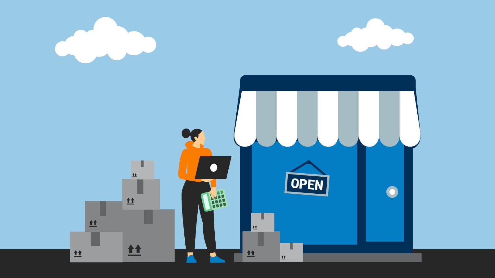 Illustration of woman standing outside of her new franchise storefront. She has boxes, a computer, and a calculator.
