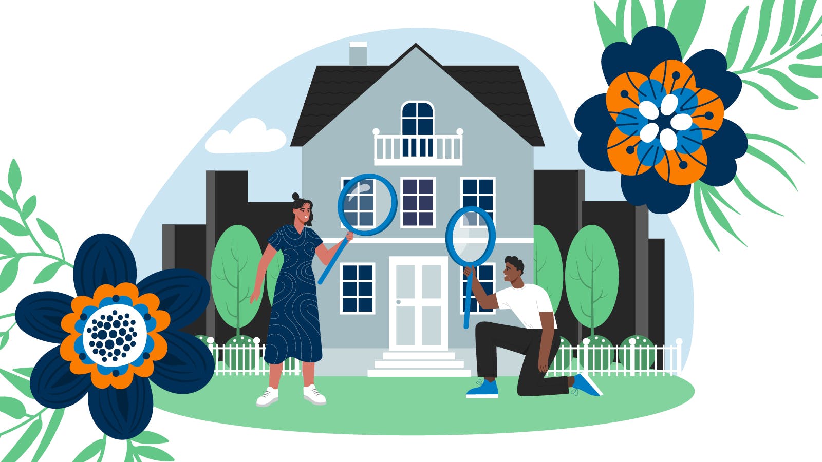 Two people "looking" at the spring housing market. They are using huge magnifying glasses to inspect a house.