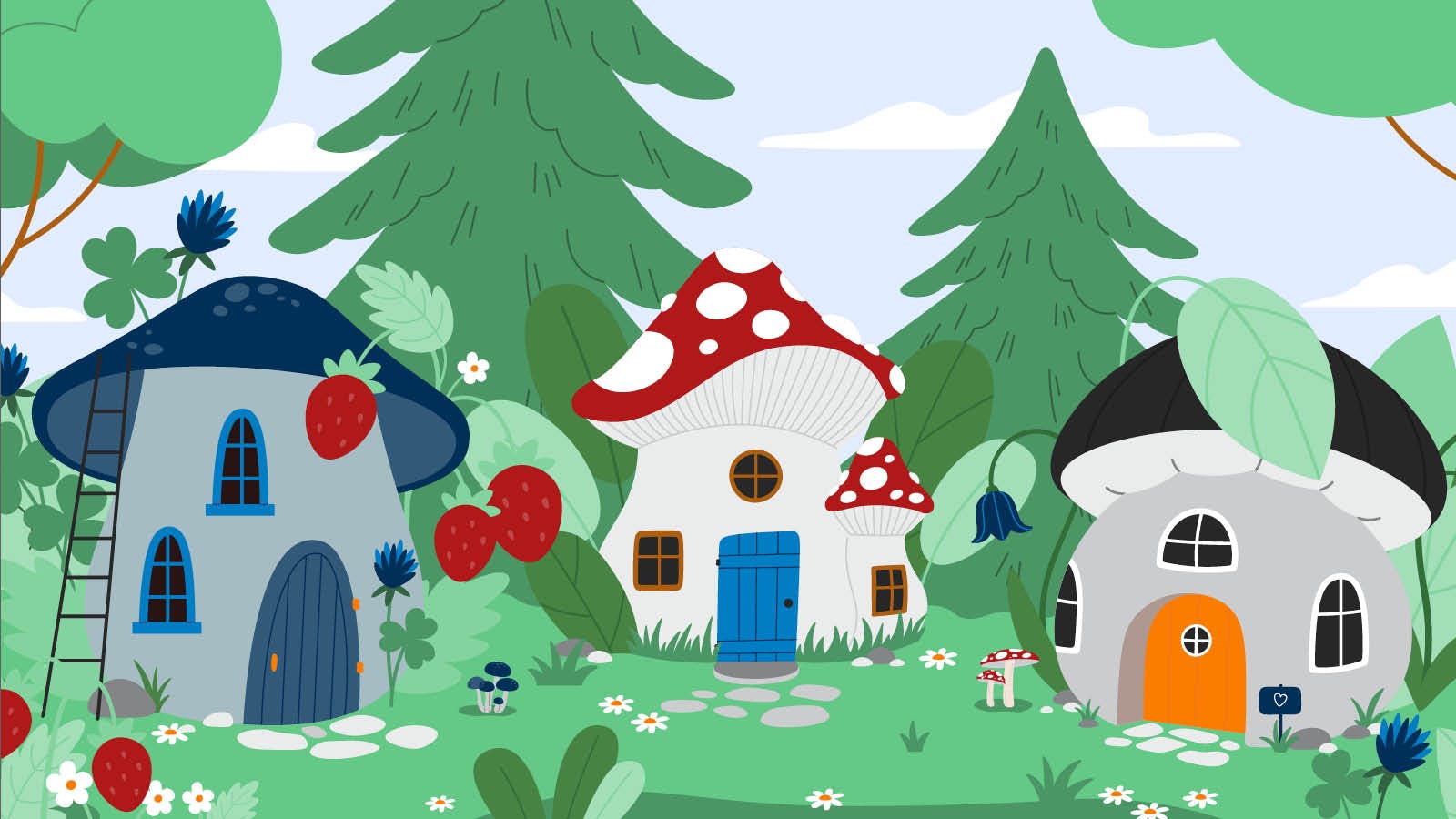 An imaginative depiction of how mortgage brokers can be fairy godmothers. It shows mushroom houses in a whimsical forest.