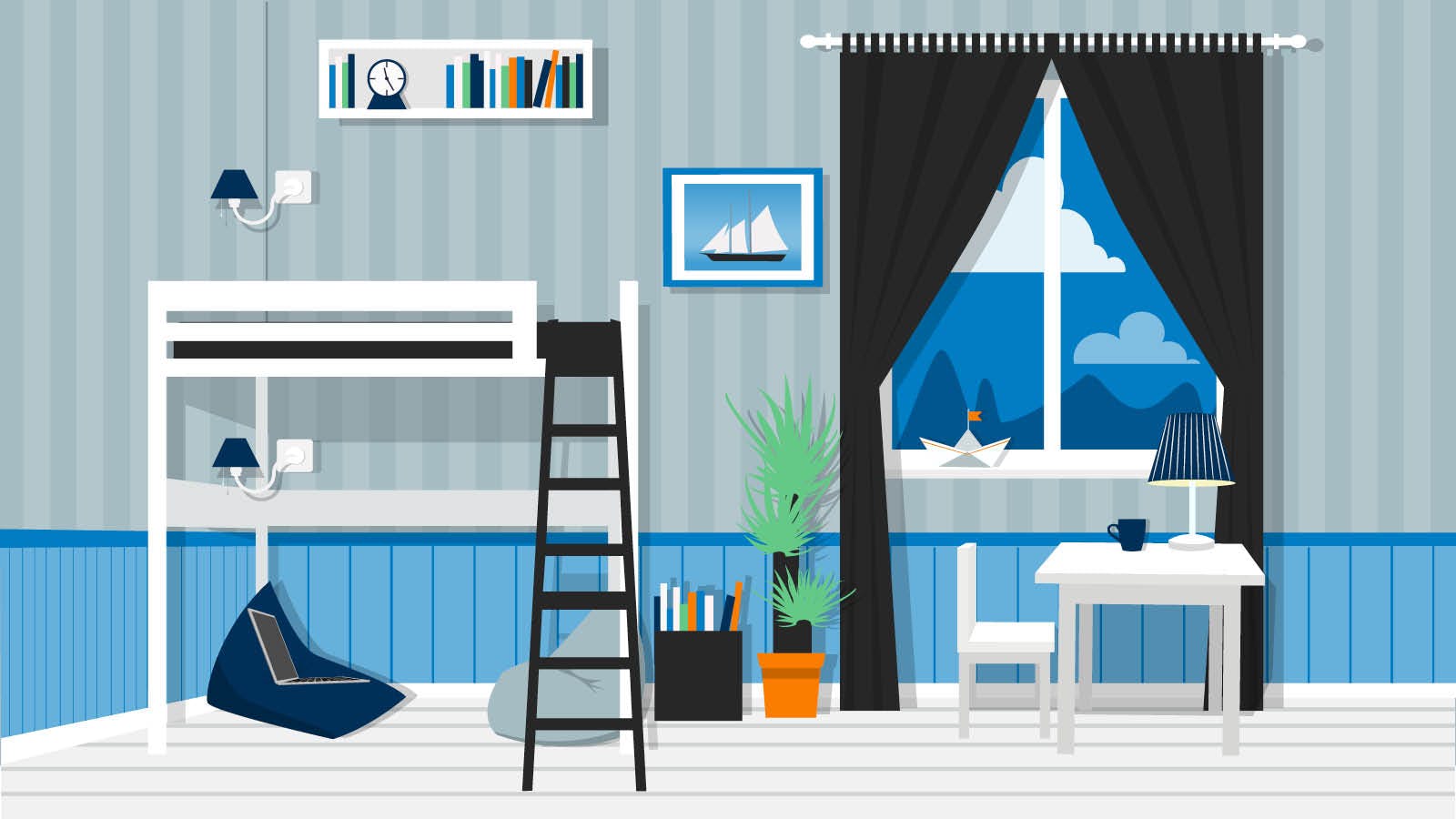 Illustration of a small loft that's maximizing space with a lofted bed, shelves, and bins.
