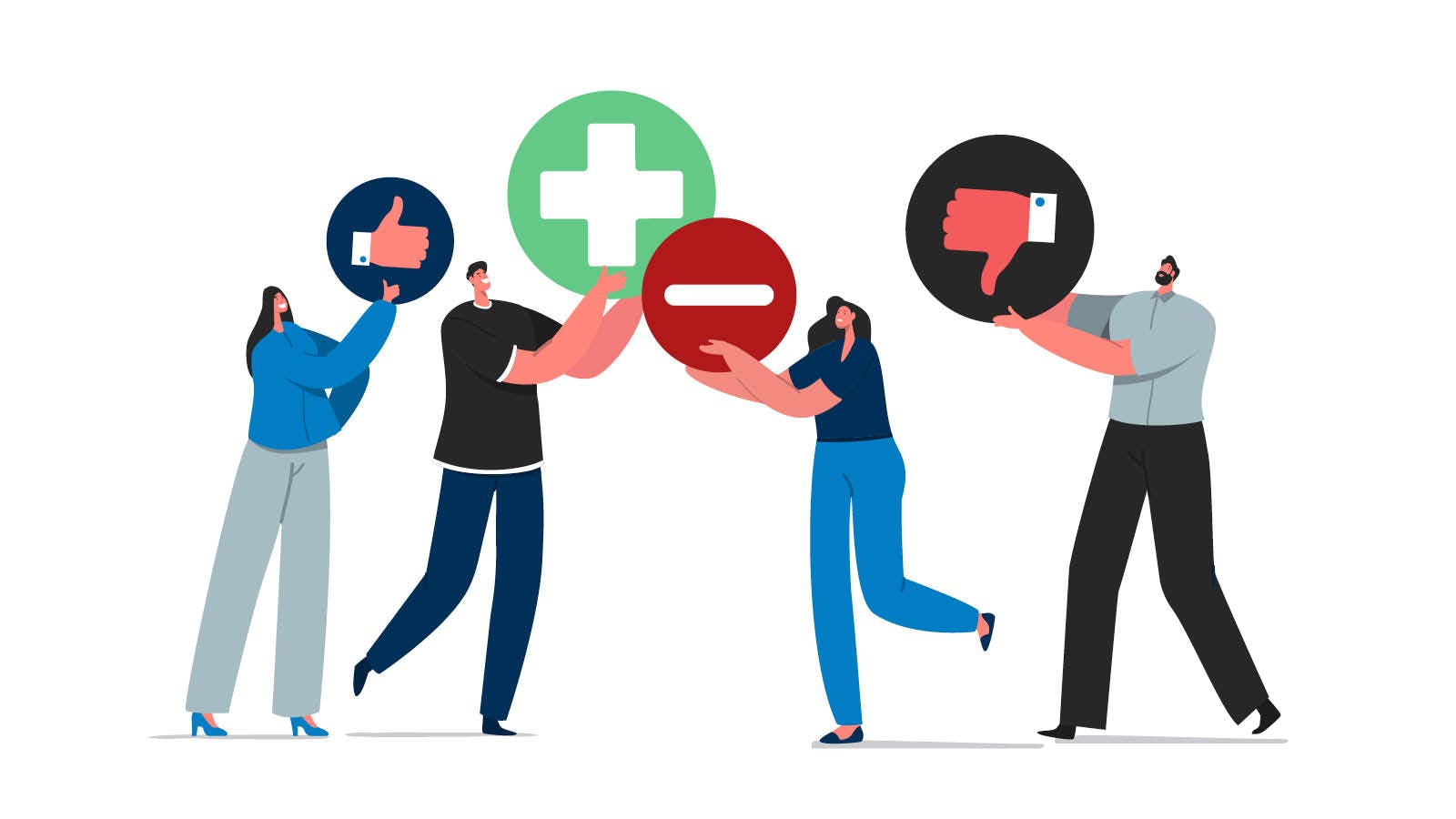 Illustration of people holding up plus and minus signs to show comparing the pros and cons of bi-weekly mortgage payments.