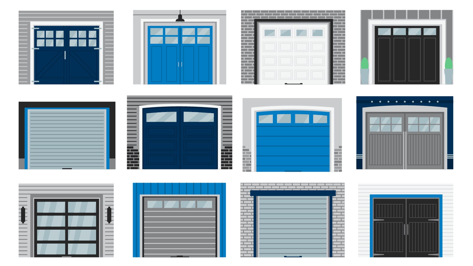 A composite of many different garage doors in blue, white, and gray in a blog about how to program a garage door keypad.