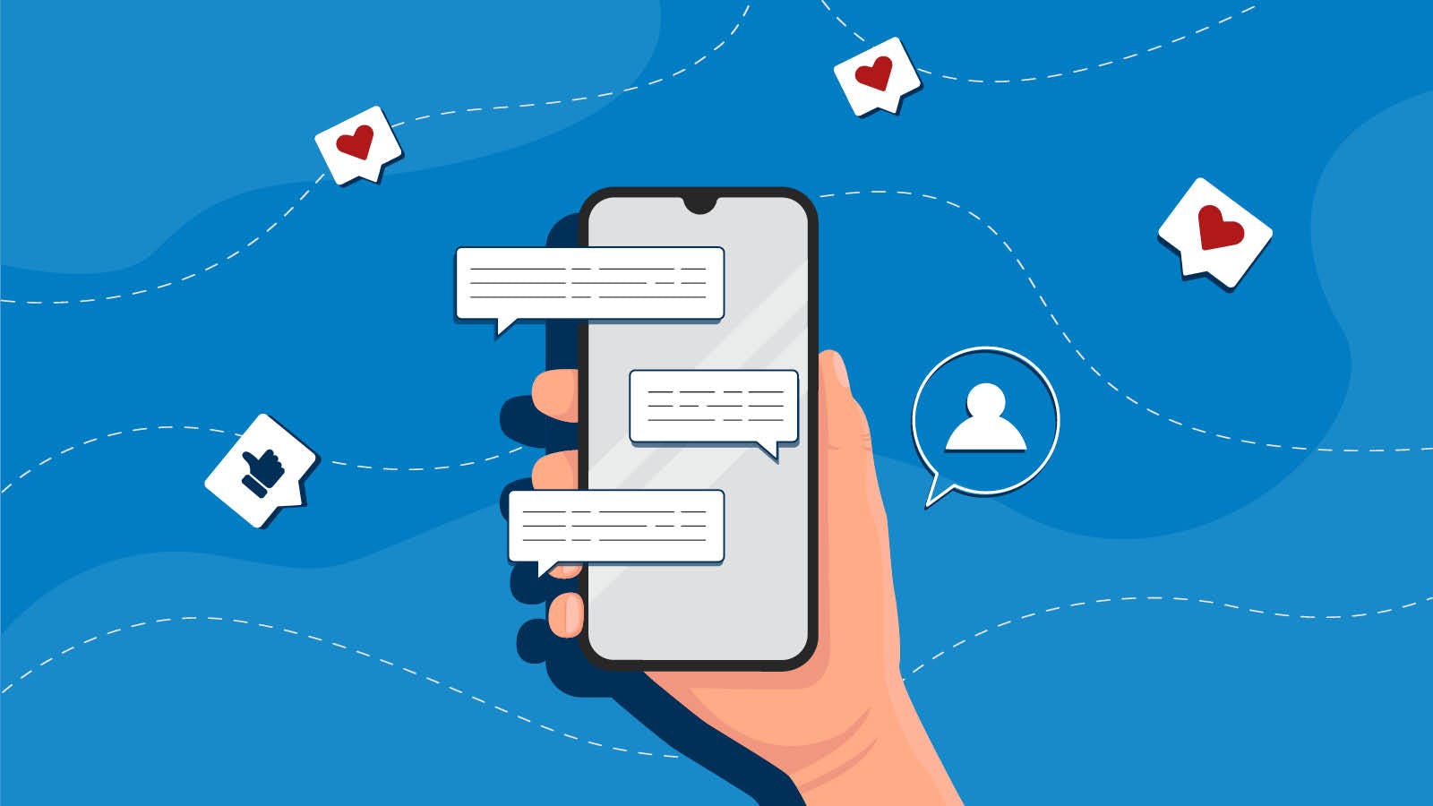 Illustration of a hand holding a smartphone with chat bubbles on the screen. Heart and like icons and a user symbol surround the phone, all set against a blue background with dashed lines.