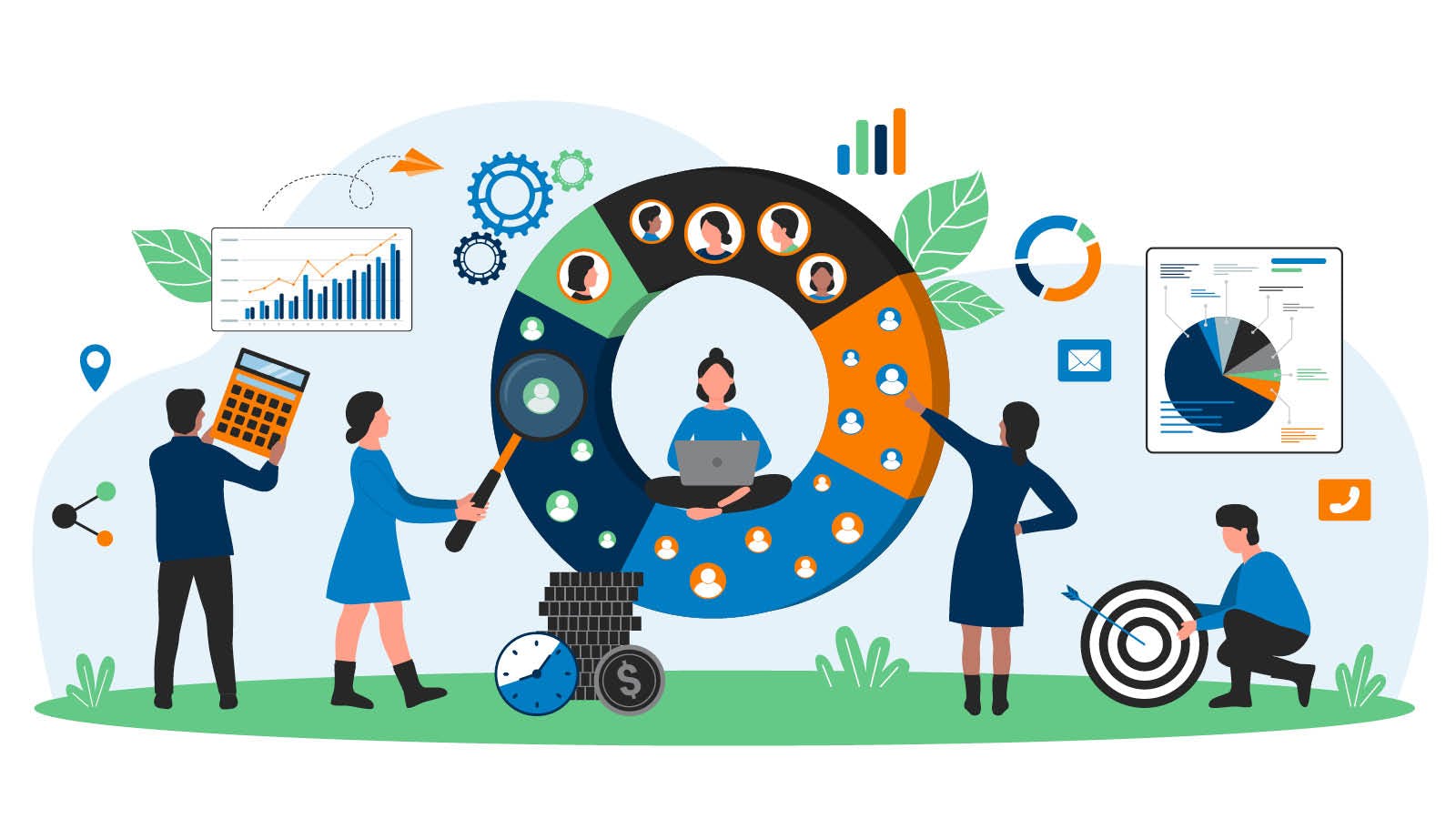 Illustration of business people analyzing charts, graphs, and data, with one person using a laptop inside a circular flow chart. Elements include a calculator, magnifying glass, target, clock, coins, and various data icons.