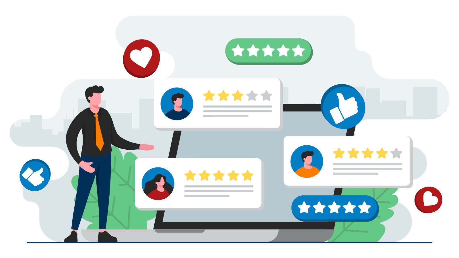 Illustration of a person standing in front of a laptop with floating review boxes, star ratings, thumbs up, and heart icons, representing online feedback and customer reviews.