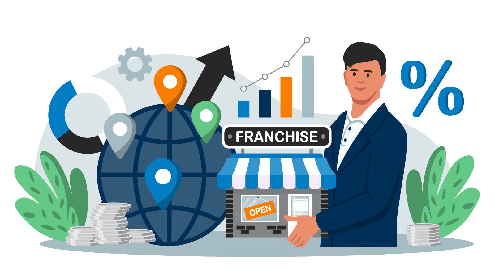 Illustrated representation of franchise marketing. A business person is holding an office with a franchise sign on it.