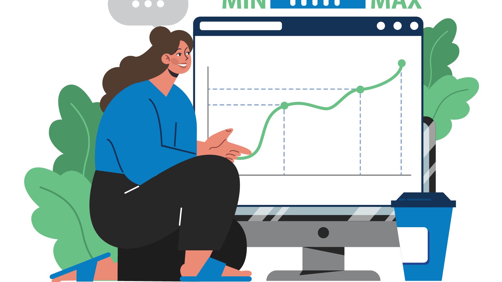 An illustration of a women discovering which franchise to own, looking at a line chart.