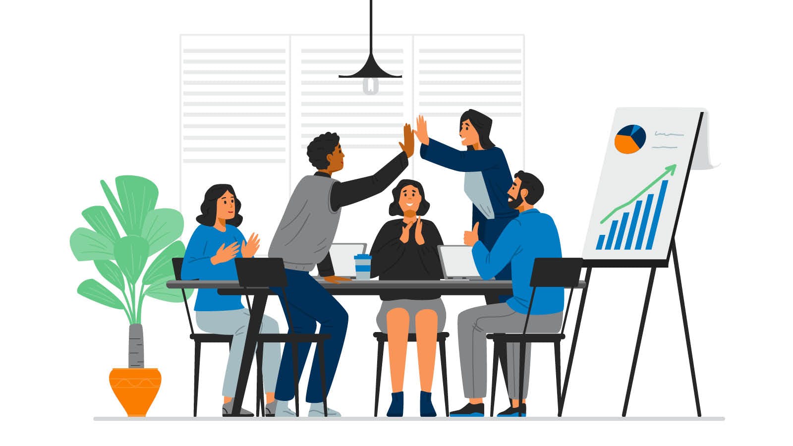 Illustration of five people sitting and standing around a table in an office, celebrating and high-fiving. There is a flip chart with graphs, a potted plant, and window blinds in the background.