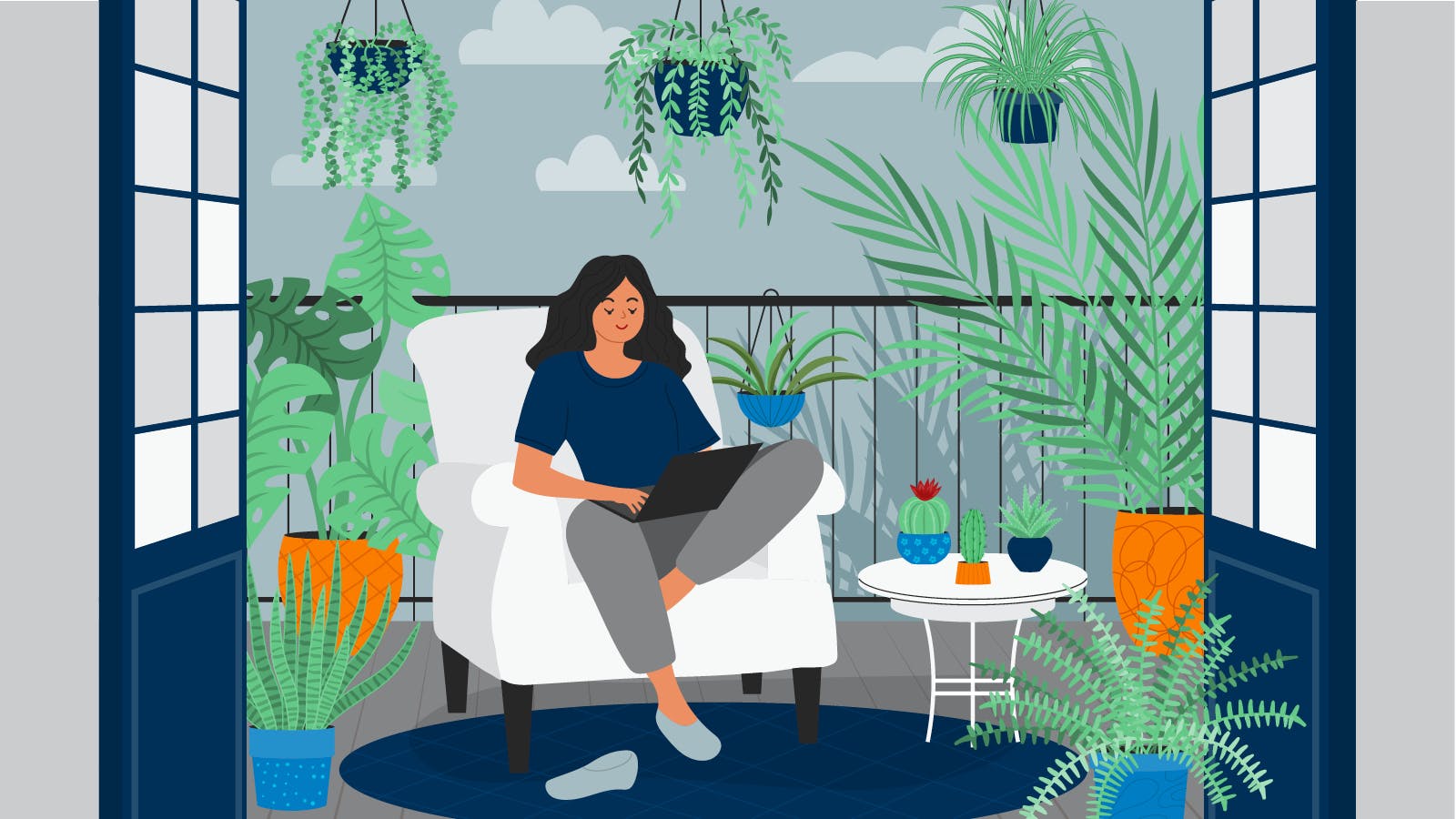 An illustration of a woman on an armchair surrounded by plants. She has turned her black thumb into a green thumb.