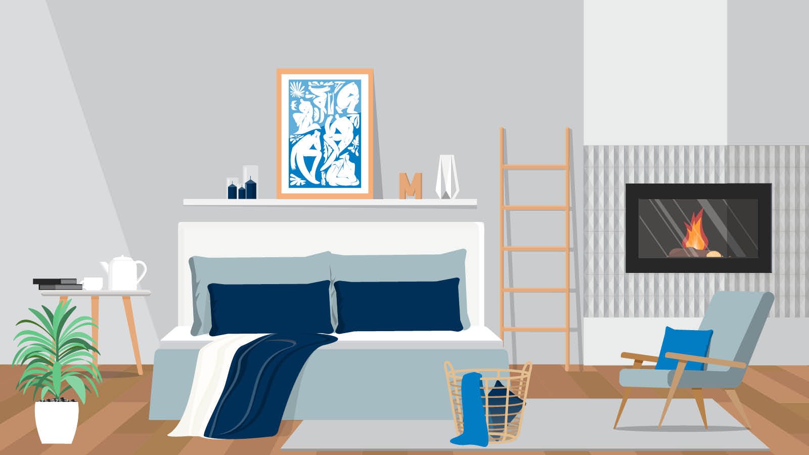 An illustration of a bedroom showing different kinds of wood.