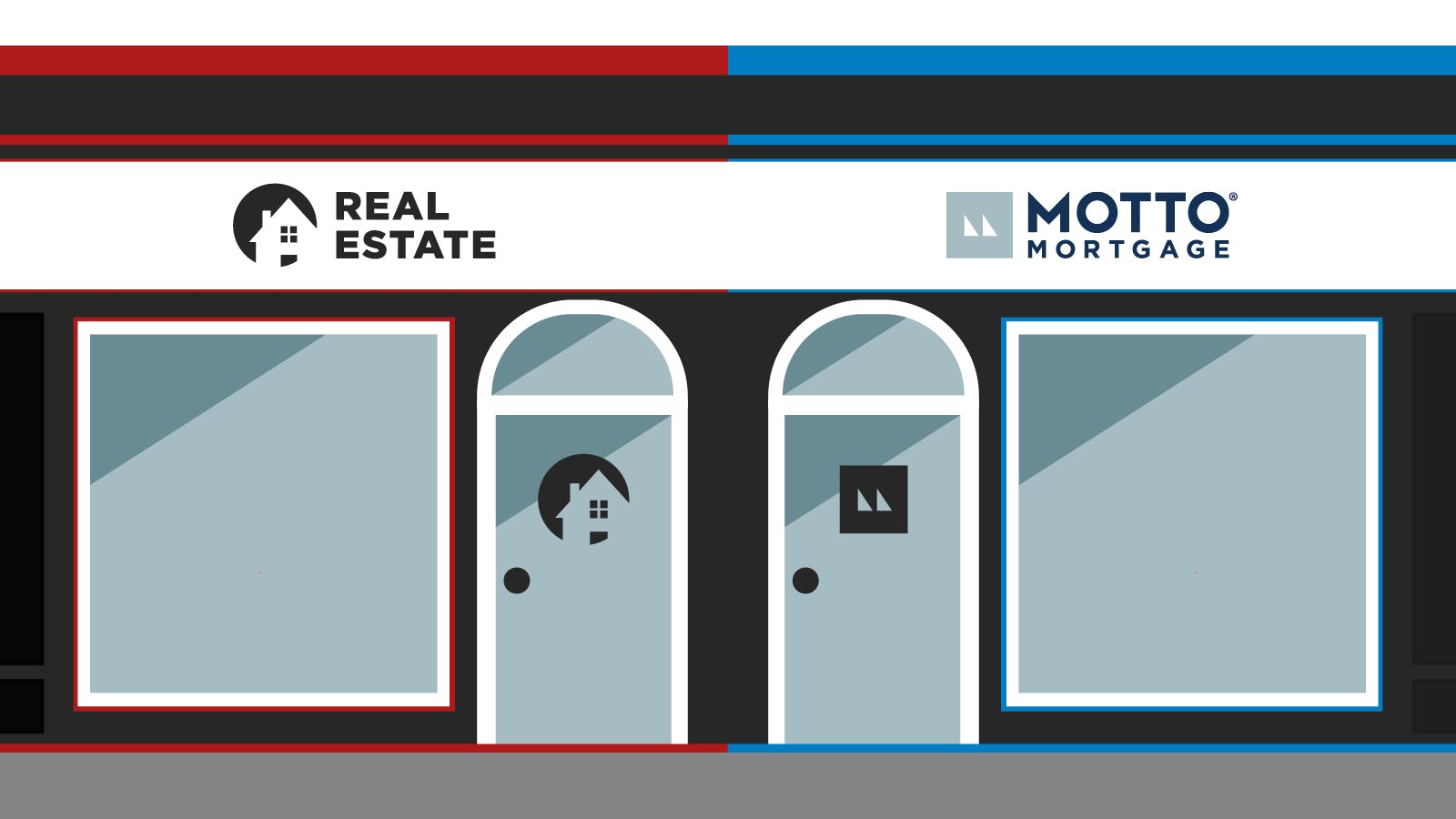 Animated graphic showing two doors and windows with a "Real Estate" logo and the "Motto Mortgage" logo
