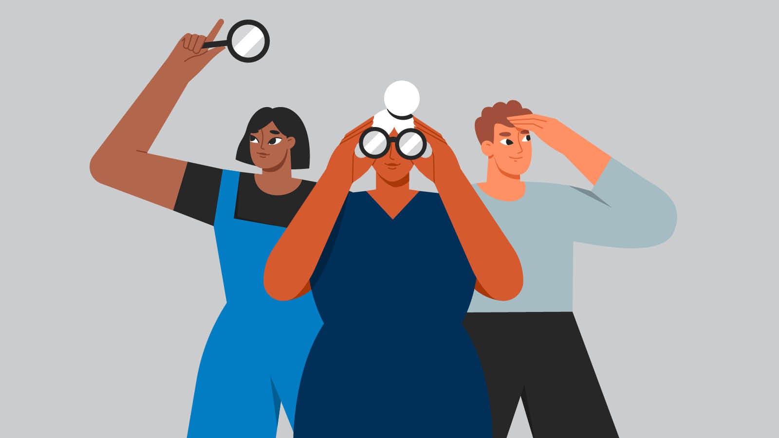 Clip art of three people - one holding a magnifying glass and one looking through binoculars
