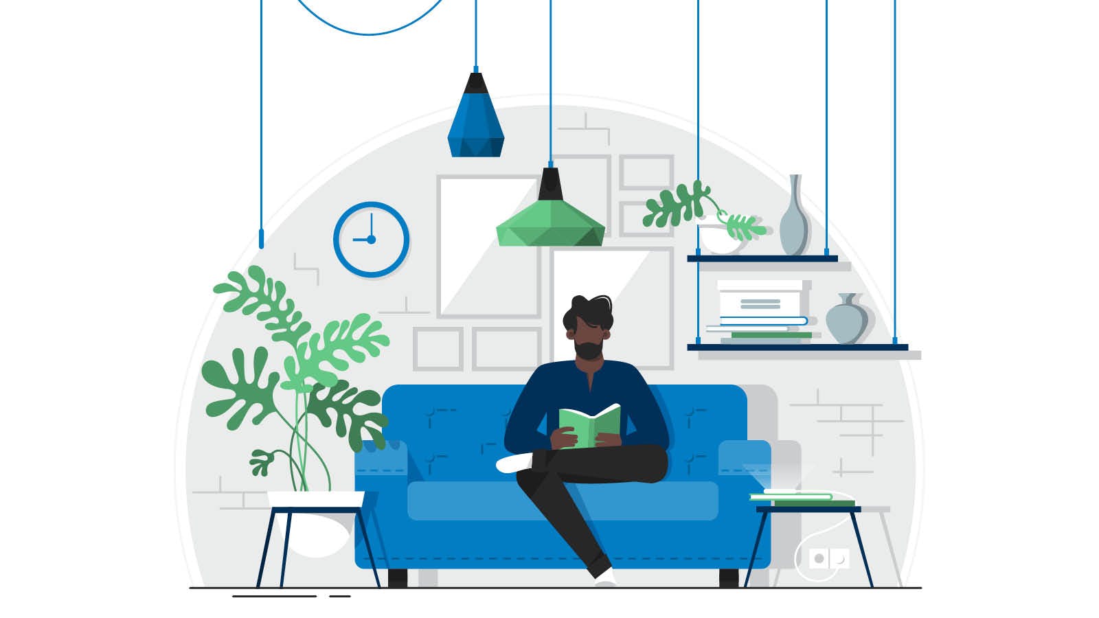 Designed image of a man sitting on a couch reading a book at home