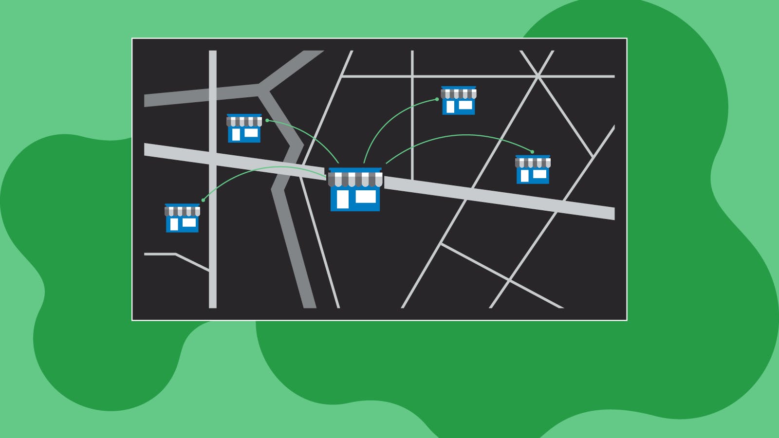 A stylized map shows several storefront icons connected by green arrows, representing multiple store locations and network connections on a simplified city map background.