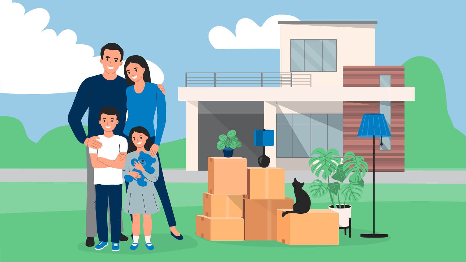 Family Standing in front of a house getting ready to move in