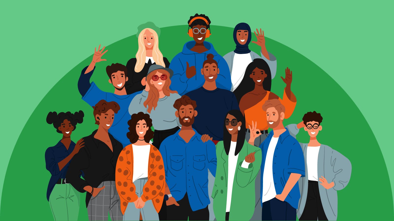 A diverse group of thirteen young adults, smiling and posing together, stand in front of a green background. They wear casual, colorful clothing and display friendly gestures, such as waving and giving thumbs-up.
