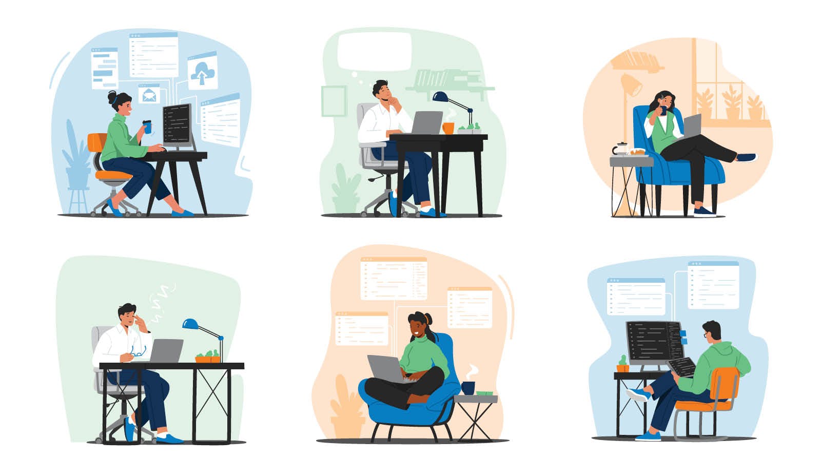 Six illustrated people work remotely at home, each in different rooms and postures—some at desks, others on chairs or sofas—with laptops, computers, and phones, surrounded by work-related screens and home decor.