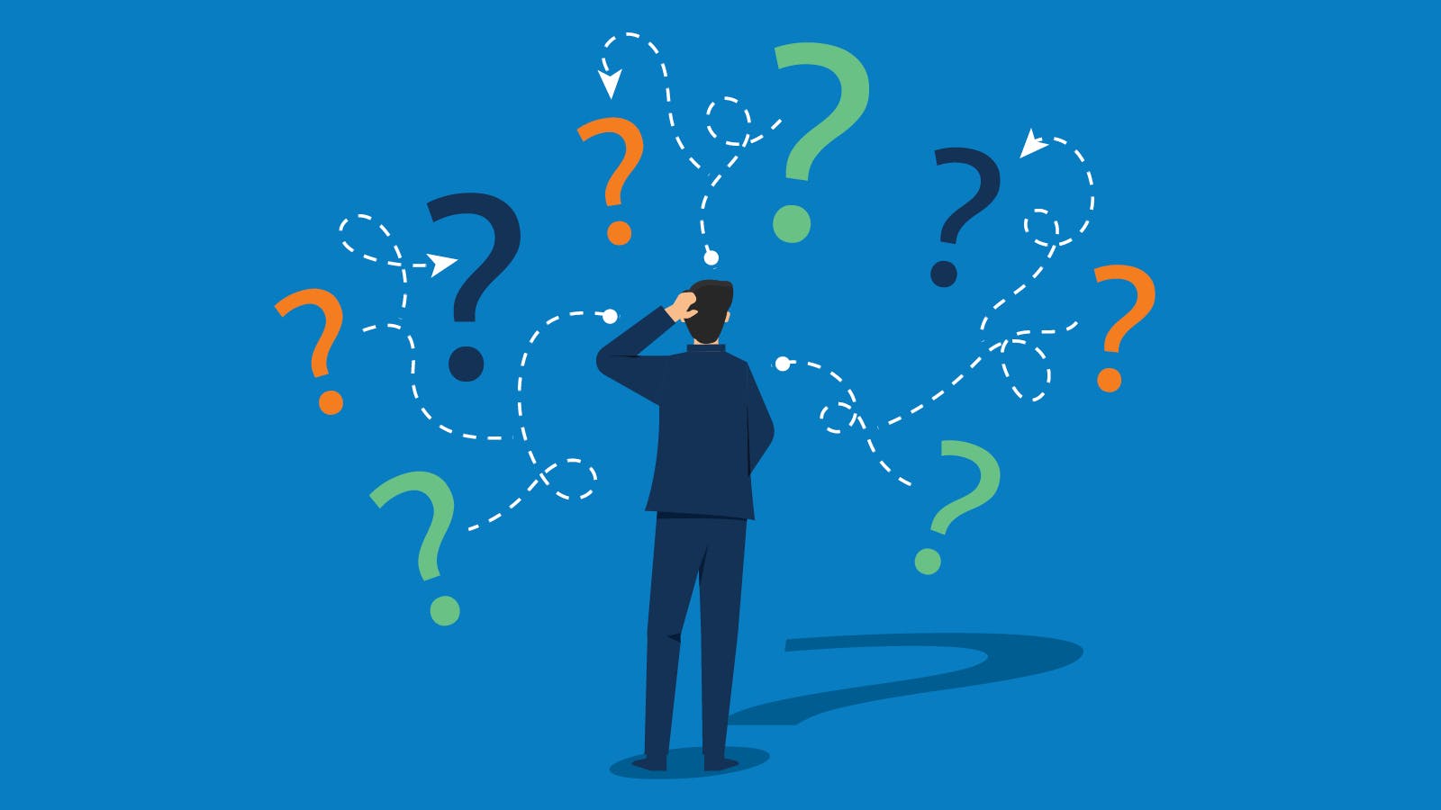 An illustration of a person in a suit scratching their head while surrounded by colorful question marks and dotted lines on a blue background, symbolizing confusion or decision-making.