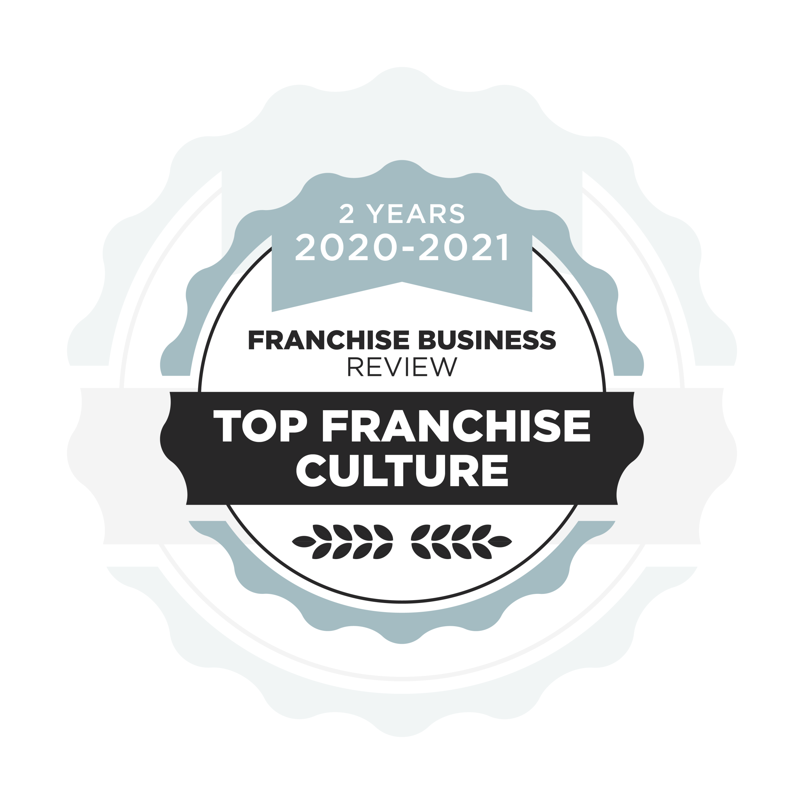 A circular badge reads 2 Years 2020-2021 Franchise Business Review Top Franchise Culture in bold text, with decorative laurel elements at the bottom. The badge features light gray and black accents.