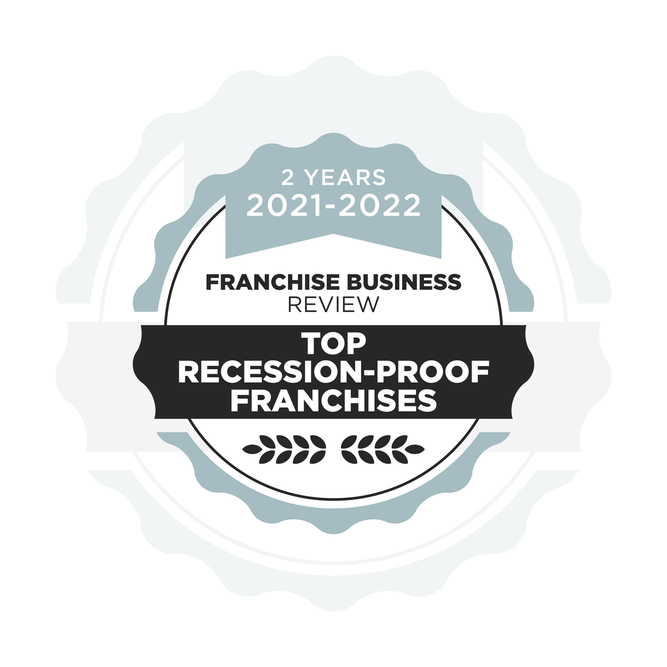 A badge stating 2 Years 2021-2022 Franchise Business Review Top Recession-Proof Franchises with laurel graphics, on a white background.
