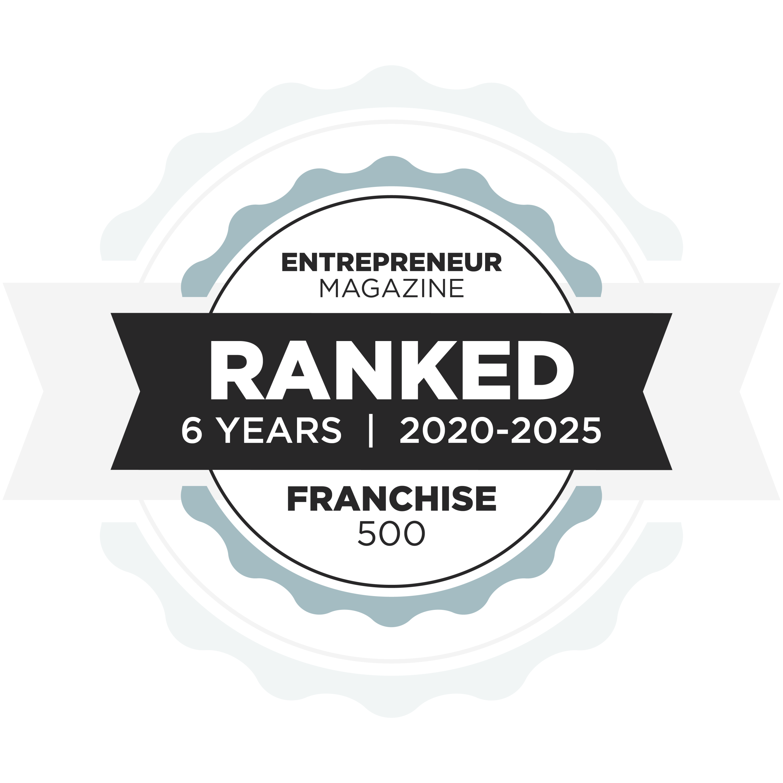 A badge with a ribbon that reads Entrepreneur Magazine Ranked 6 Years | 2020-2025 Franchise 500 in black and white with a faint circular seal design in the background.