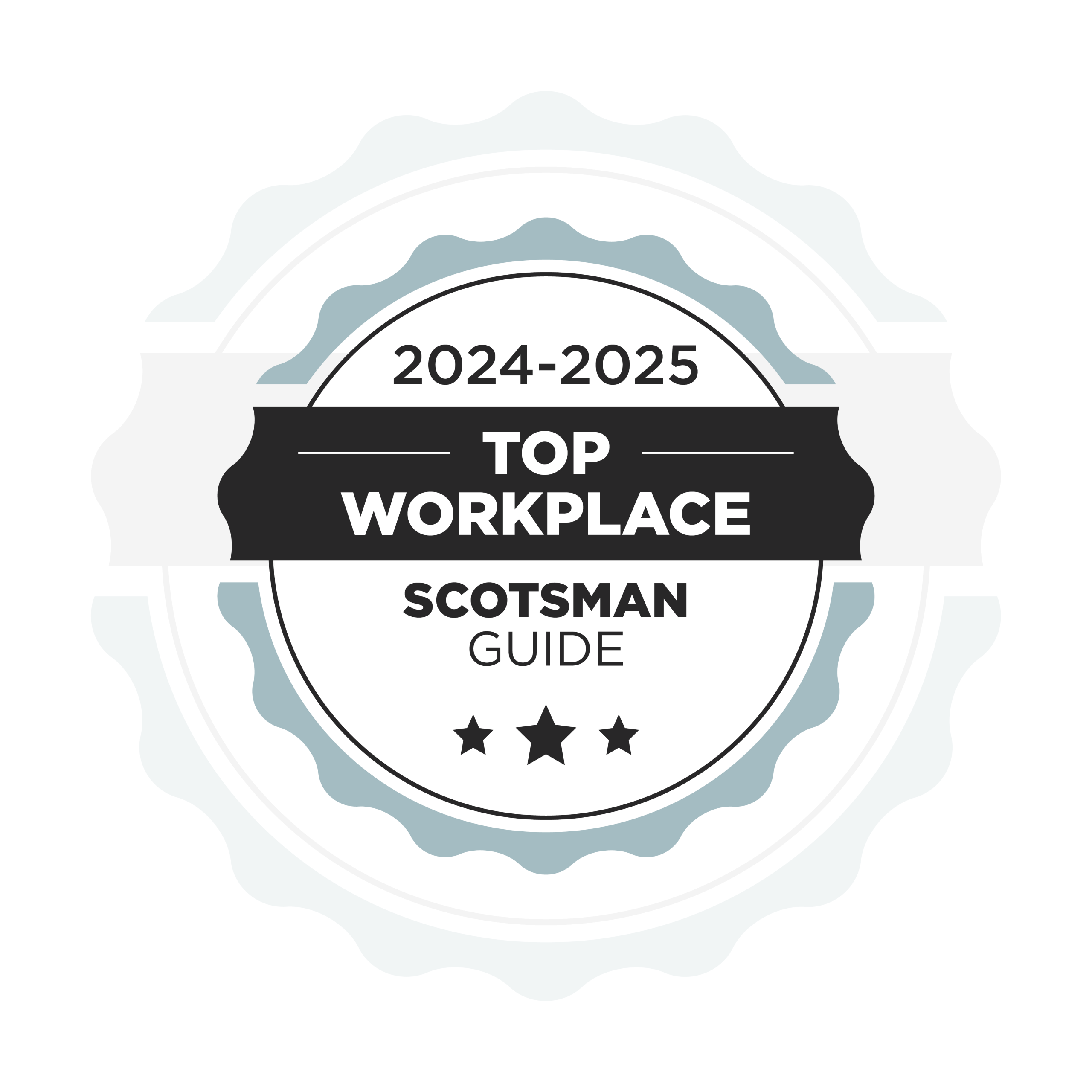 A circular badge with the text 2024-2025 Top Workplace, Scotsman Guide, featuring three stars at the bottom, on a light grey background.