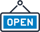 Open A blue and white sign with the word OPEN hangs from a circular hook, indicating that a store or business is currently open.