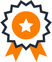 Satisfaction A graphic of an award ribbon with a star in the center. The ribbon and center are orange, while the outline is dark blue.