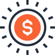 Saving_66a777 A stylized icon of an orange circle with a white dollar sign in the center, surrounded by black radial lines, resembling a sunburst.