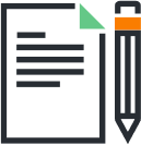 Sign Icon of a document with lines of text and a green folded corner next to a pencil with an orange band, symbolizing writing or editing.