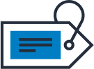 A simple graphic of a price tag with a string loop at the top right. The tag has a blue rectangle in the center with three black lines, resembling text.
