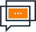 convo Two overlapping speech bubble icons outlined in dark blue, with a solid orange rectangle containing three white dots inside the upper bubble, symbolizing a conversation or message.