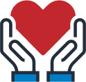 fair Two hands with blue cuffs are open and facing upward, holding a large red heart above them, symbolizing care, support, or giving.