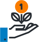 grow Illustration of a hand holding a plant with three leaves and an orange circle above it containing the number 1, symbolizing growth or a first step.