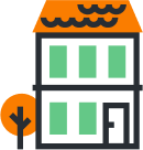 house Simple illustration of a two-story house with green windows, an orange roof, and an orange tree next to it. The house has a door on the right side and a wavy pattern on the roof.