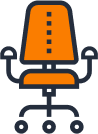 office Illustration of an orange office chair with a high backrest, curved armrests, a five-wheel base, and dotted detailing on the backrest.