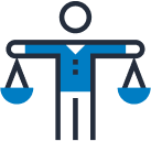 options Simple illustration of a person holding two balanced scales, symbolizing justice or fairness. The scales hang from each outstretched arm, and the persons torso is shaded blue.