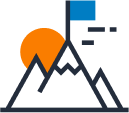 refinance A stylized mountain with a blue flag at its peak, an orange sun partially behind the mountain, and a few horizontal lines suggesting clouds or movement in the sky.