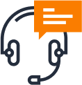 support Minimalist icon of a headset with microphone, accompanied by an orange speech bubble containing white lines, symbolizing customer support or communication services.