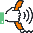 talk Illustration of a hand holding an orange telephone receiver with sound wave lines, indicating a phone call or communication.