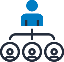 team Simple organizational chart icon showing a blue figure above three black-outlined circles, each containing a smaller figure, connected by lines to represent hierarchy or team structure.