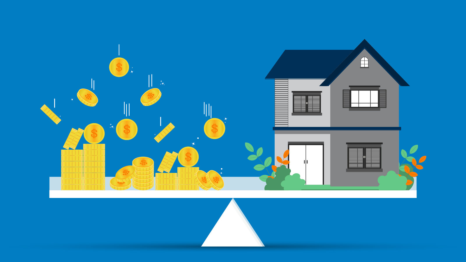 A balanced scale with stacks of gold coins and falling coins on one side, and a two-story house with plants on the other, symbolizing financial value, real estate, and how to pull equity out of your home.