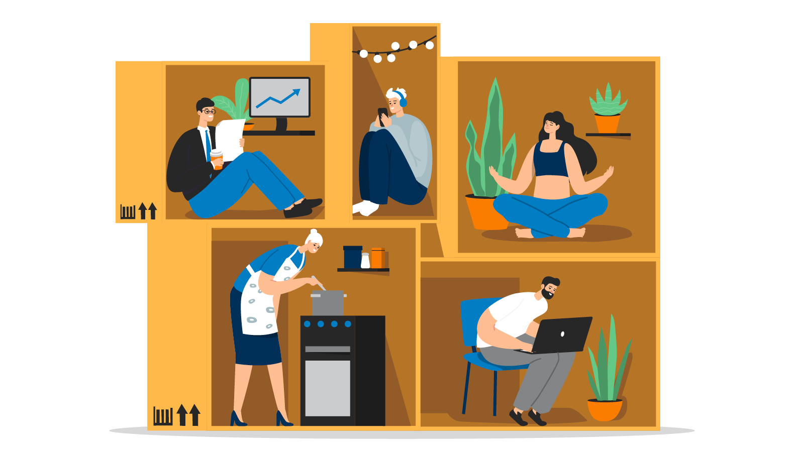 Illustration of four people in separate box-like rooms: a man in a suit with a chart, a woman sitting with a mug, someone meditating, another cooking, and one working on a laptop; each showcases creative small space decorating with plants.