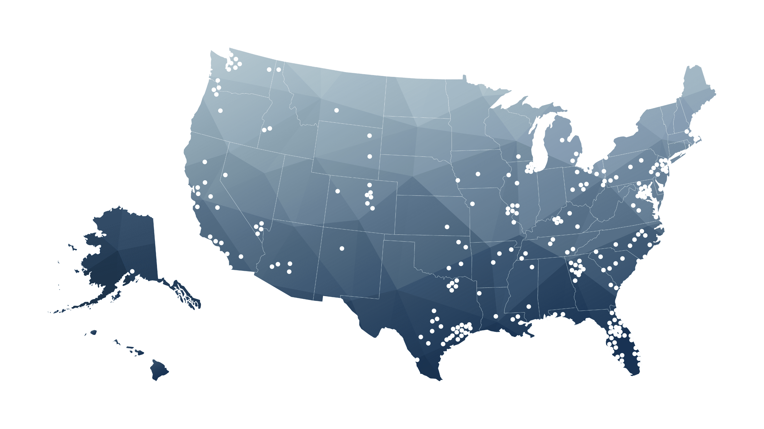 1023-0206-M-FS-OPEN-Map-DOT (1) (1) A map of the United States, including Alaska, displays numerous white dots scattered across the states, indicating specific locations or data points throughout the country.