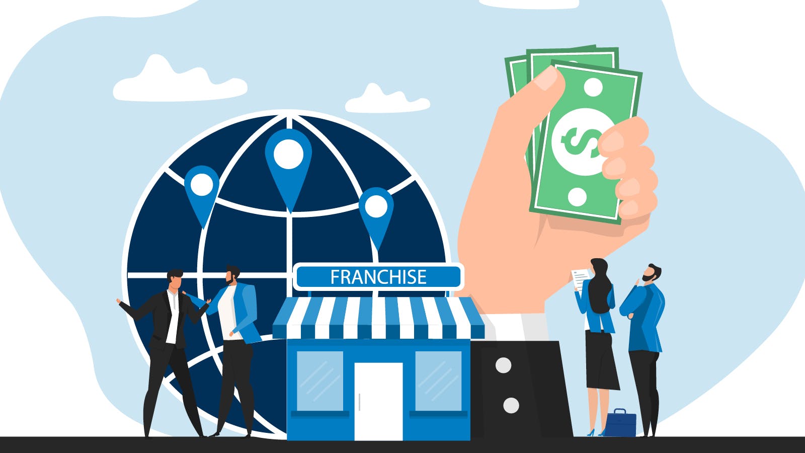Illustration of a franchise store with a globe behind it, location markers on the globe, businesspeople talking, and a large hand holding cash, symbolizing global franchising and investment.