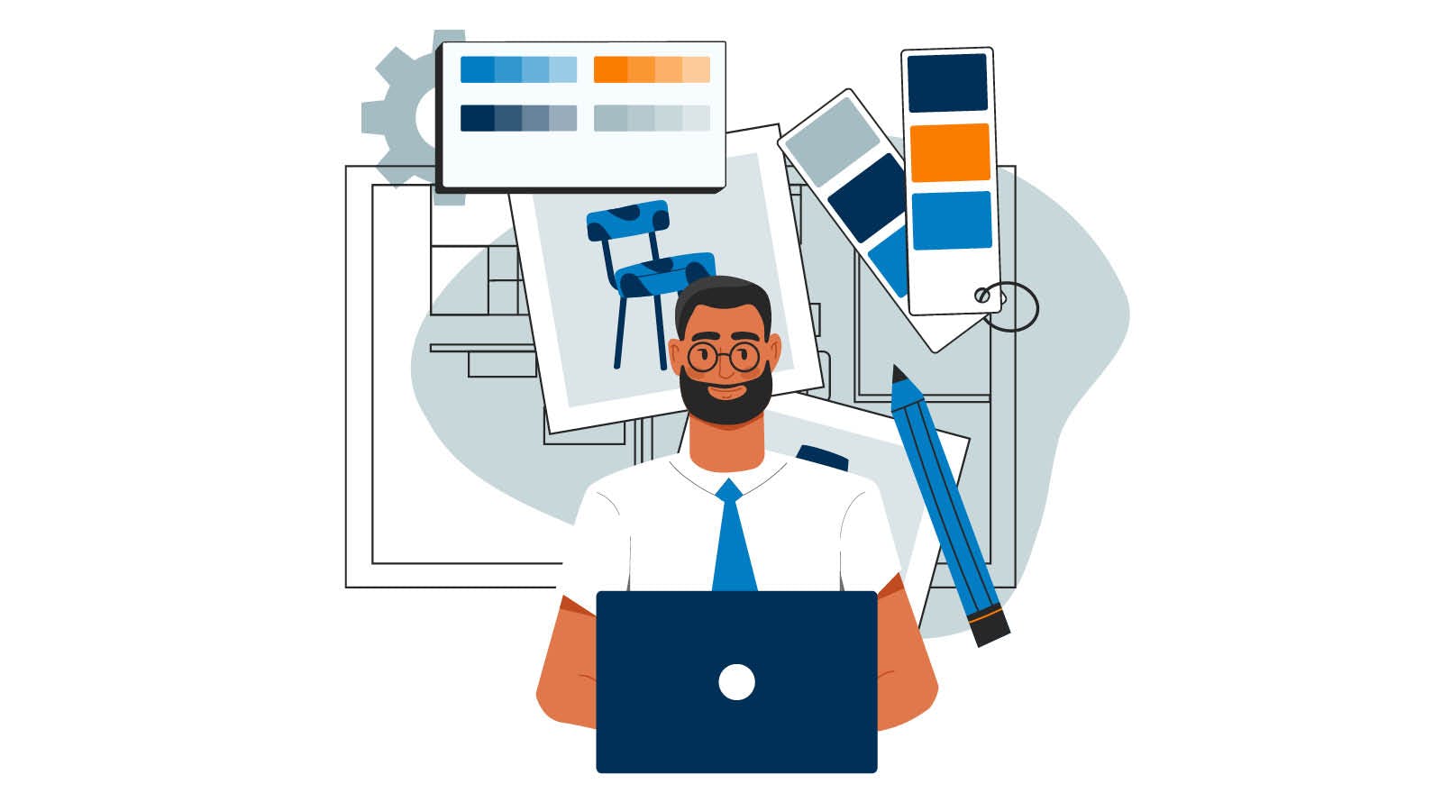 Illustration of a man with glasses and a beard working on a laptop, surrounded by design sketches, color swatches, and drawing tools, suggesting a creative or design-related profession.