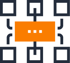 event1 A stylized diagram showing an orange rectangle with three white dots at the center, connected by lines to six black outlined squares, representing a network or central hub concept.