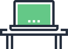 event2 Minimalist illustration of a laptop with a green screen displaying three white dots, placed on a table with four legs. The design uses simple, bold lines and flat colors.